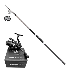 Angelset Kraken Black Pearl TELE FLOAT 4,00 m 6-teilig bis 35 g + Angelrolle Kraken Black Pearl 2000
