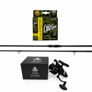 Set: Karpfenrute Kraken Black Pearl Carp 12 ft (360 cm) | 3 lbs | 3-teilig + Freilaufrolle Kraken Free Runner 4500 + Hauptschnur MegaBAITS OBSESSION 2.0 Carp & FEEDER 300 m | 0,30 mm / 10,90 kg | Camou / 4-farbig hell