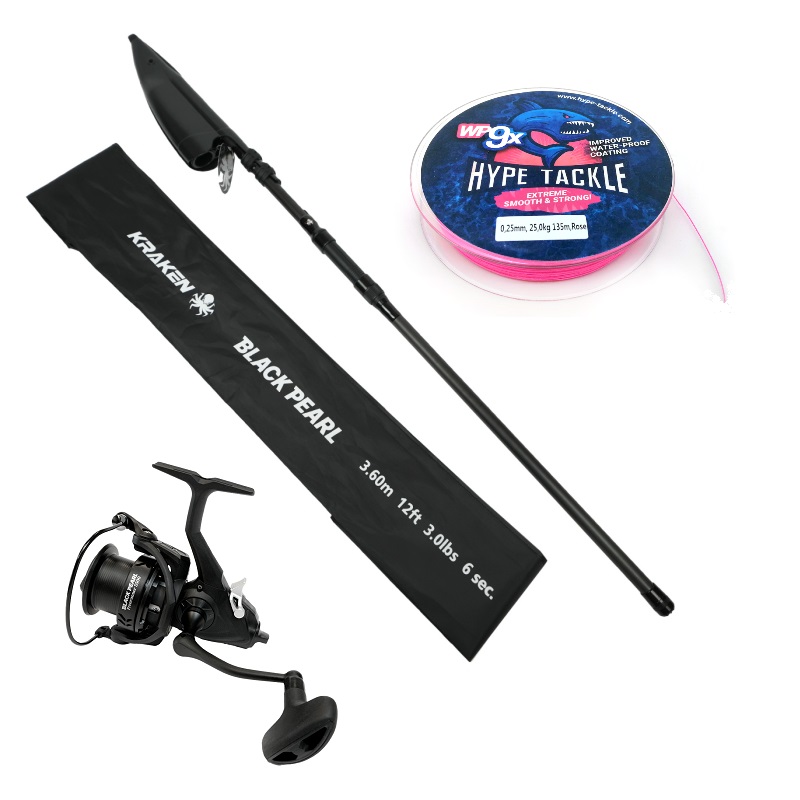 Set Kraken Black Pearl Tele Carp 12 ft 3,00 lbs + Kraken Free Runner 4500 + Hype Tackle WP9 0,25 mm Rose