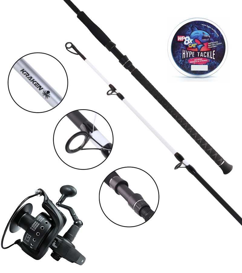Angelset Kraken CATFISH Glo 330 cm bis 450 g + Angelrolle Kraken Black Pearl Cat 10000 + Hype Tackle WP8 Blue geflochtene Angelschnur 0,40 mm, 39 kg,